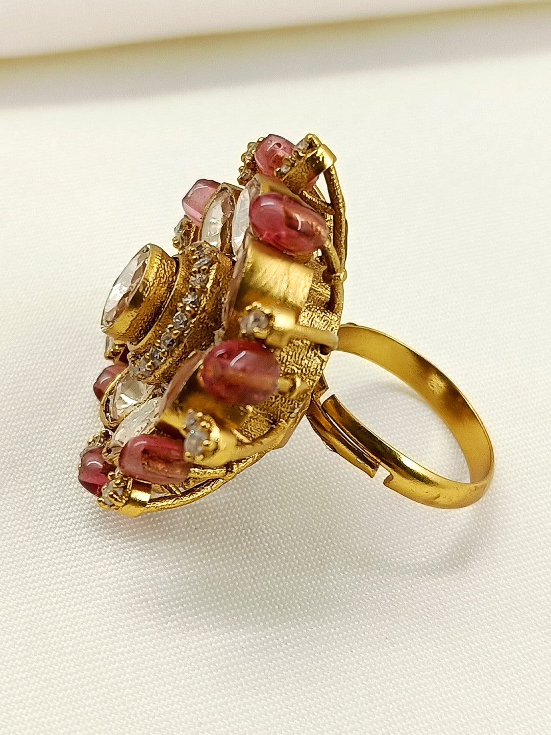 Abhikhya Pink Kundan Finger Ring - Adjustable Antique Gold