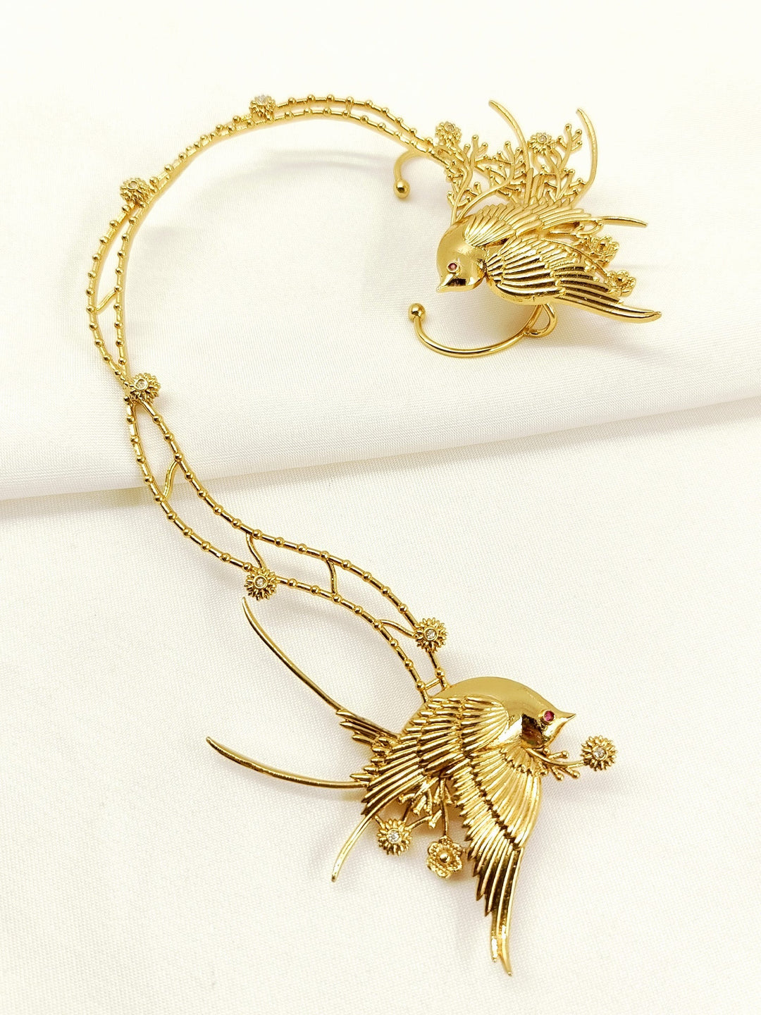 Noshin Golden Women’s Bird &amp; Floral Branch Earcuffs