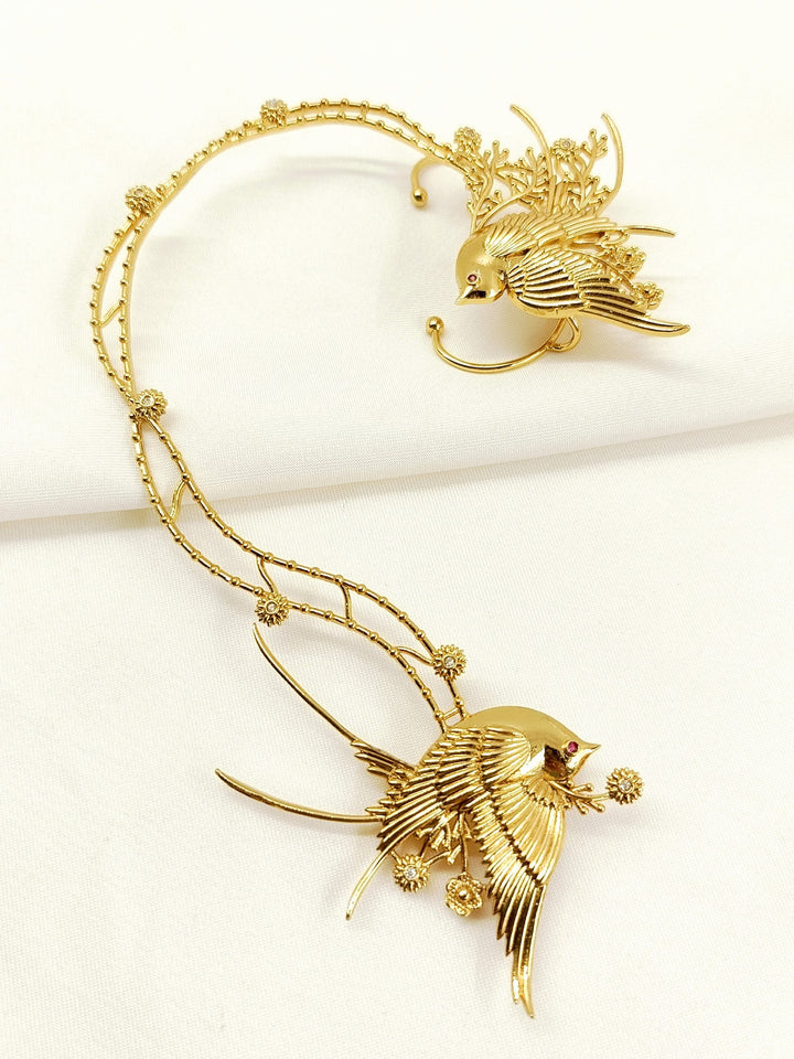 Noshin Golden Women’s Bird &amp; Floral Branch Earcuffs
