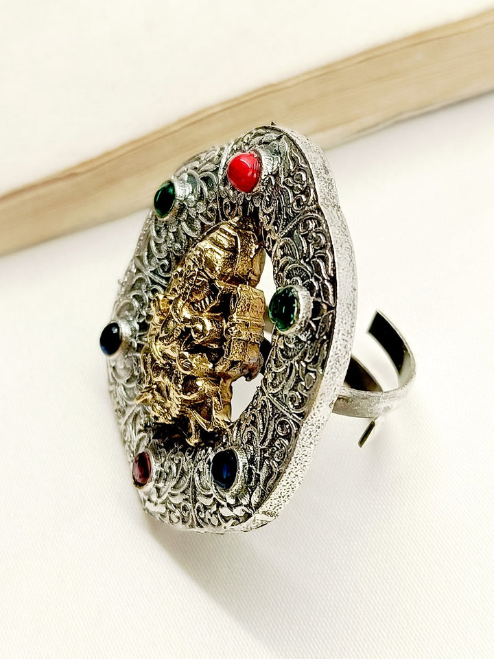 Kamakya Multi Colour Ganesh Ji Oxidized Finger Ring