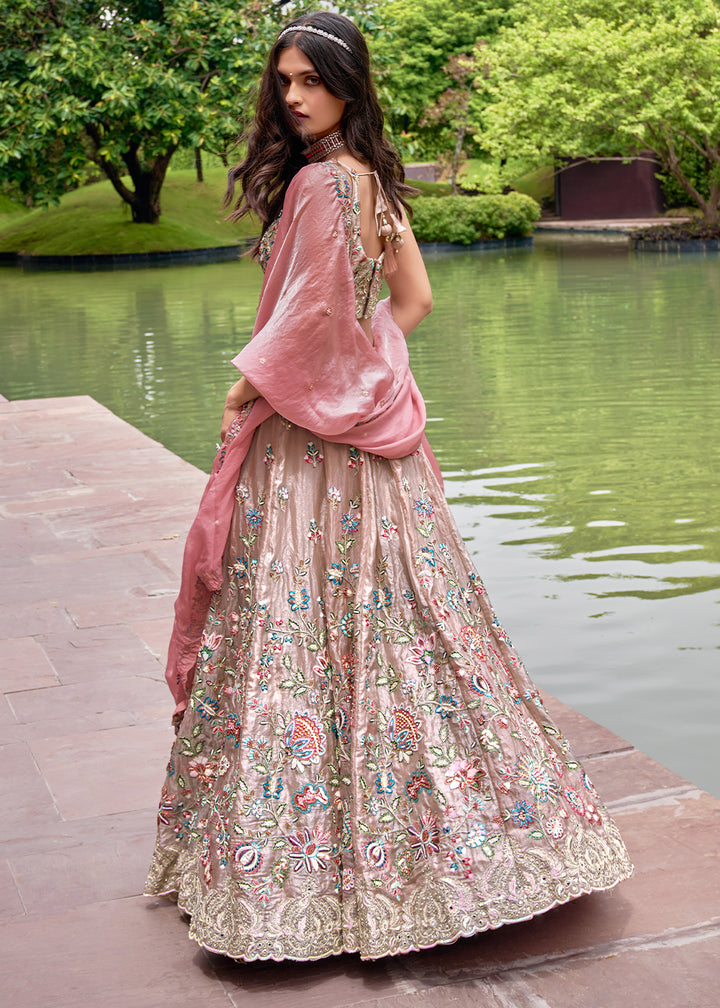 Rose Gold Pink & Purple Organza Lehenga Choli Decorated with Sequins & Mirror Work