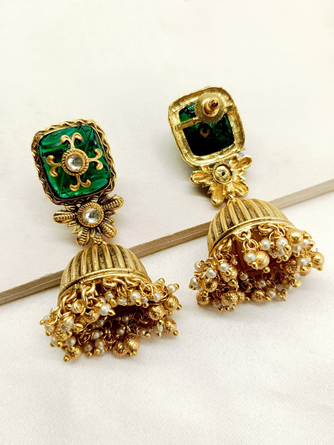 Madhuri Green Stone Gold Plated Antique Jhumki