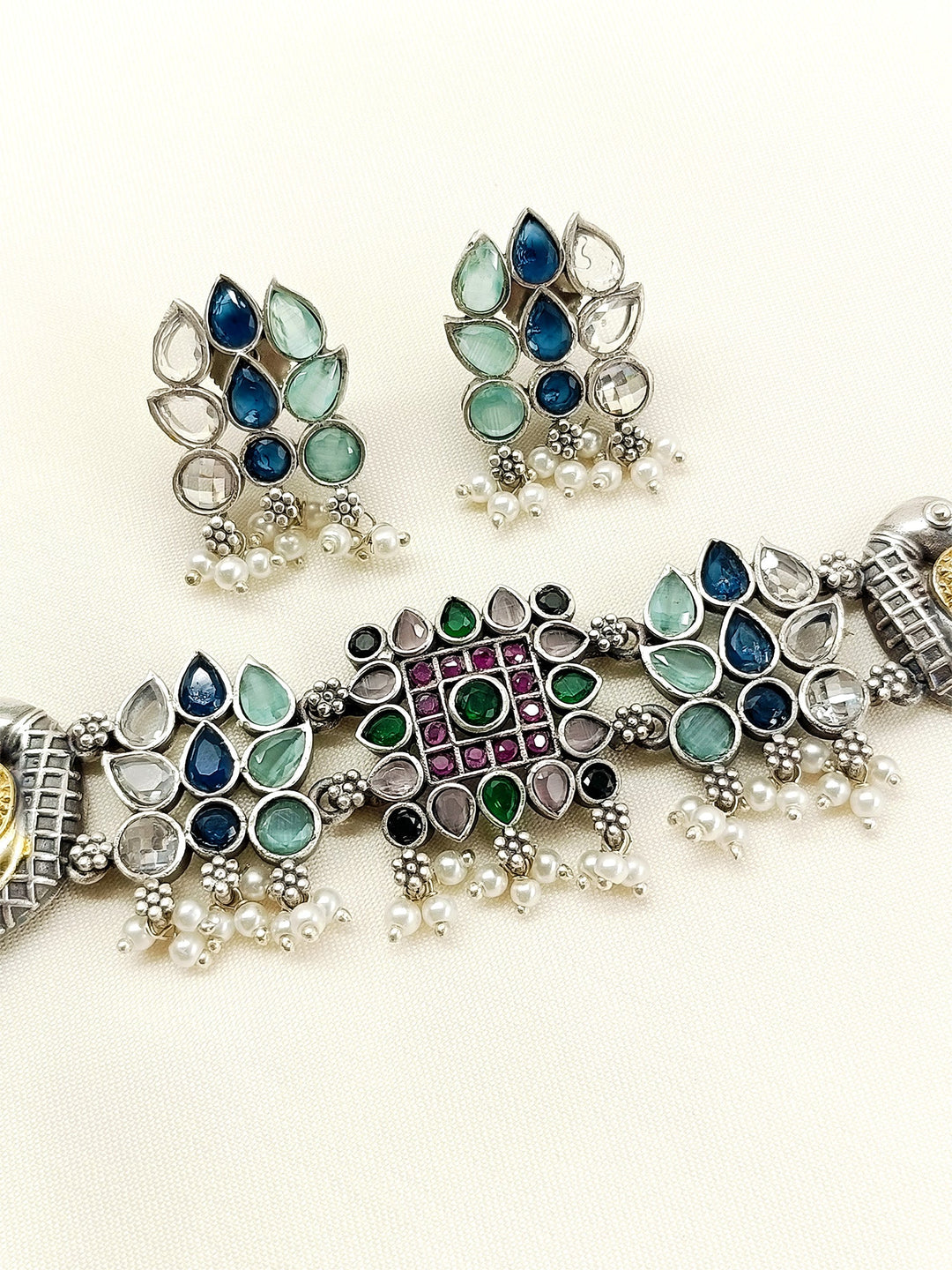 Madhvika Multi Colour Peacock Oxidized Choker Set