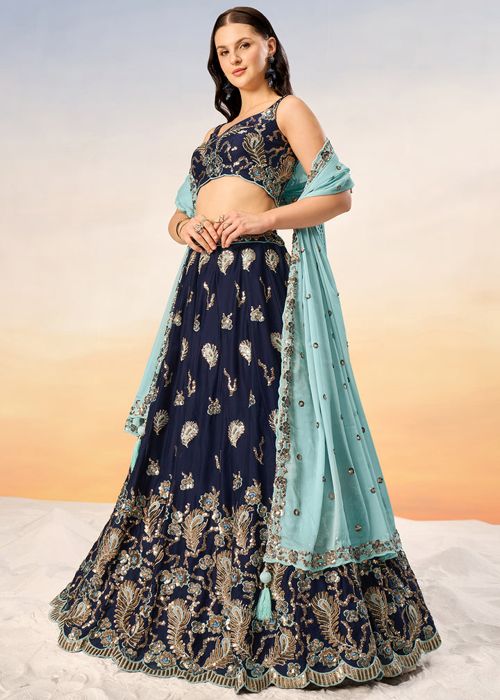 Denim Blue Georgette Lehenga Choli Adorned with Sequins Embroidery