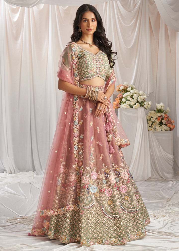 Blush Pink & Green Net Lehenga Choli Adnored with Pearl & Gotapatti Embroidery work: The Bride's Edit