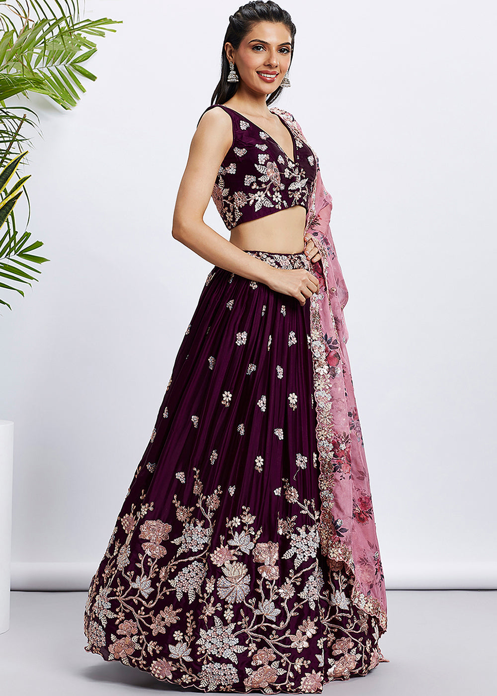 Rasin Purple Georgette Lehenga Choli Highlighted with Sequins & Thread Embroidery