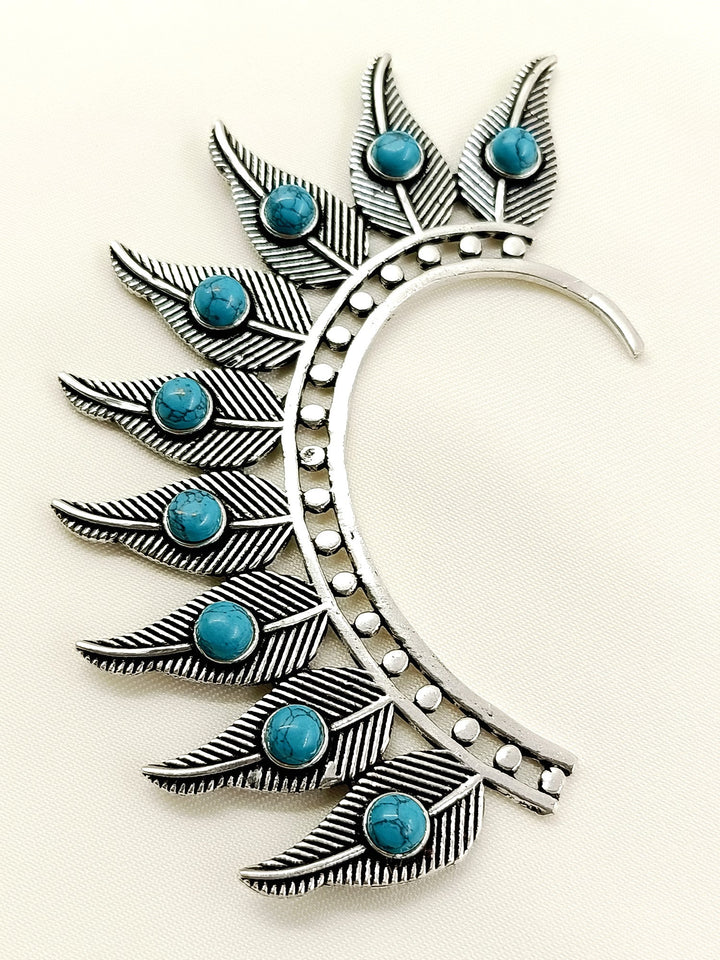 Shivendra Firozi Men’s Oxidized Feather Earcuff - Turquoise