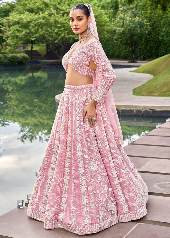 Flamingo Pink Organza Lehenga Choli Decorated with Sequins Work