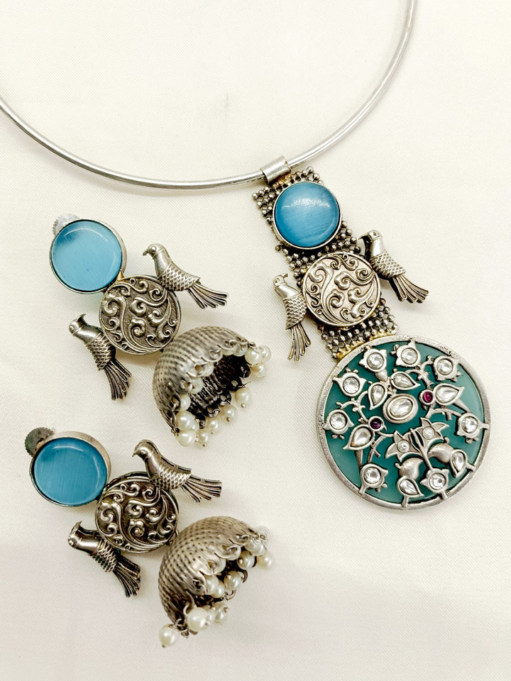 Venus Sky Blue Oxidized Hasli Style Necklace Set