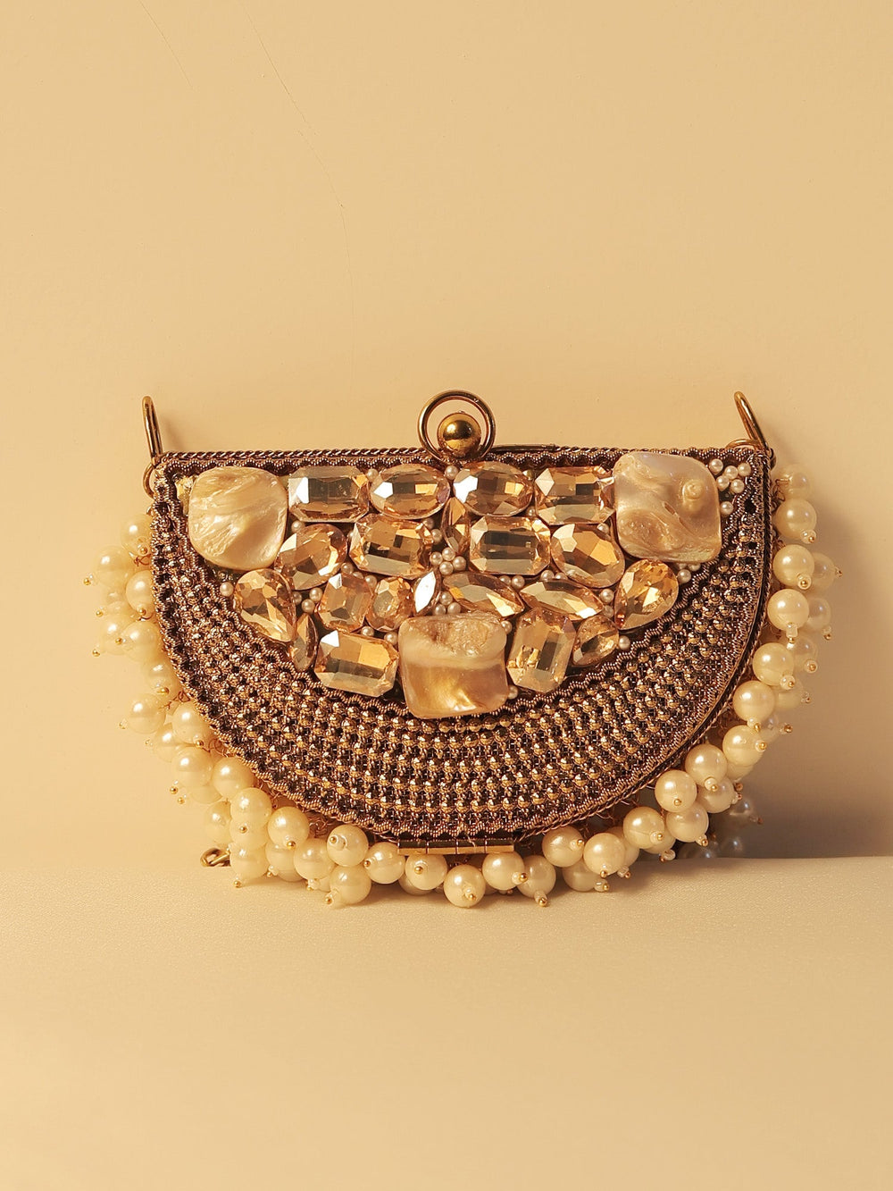 Abeela Golden Mini Metal Clutch - Pearl & Stone Embellished