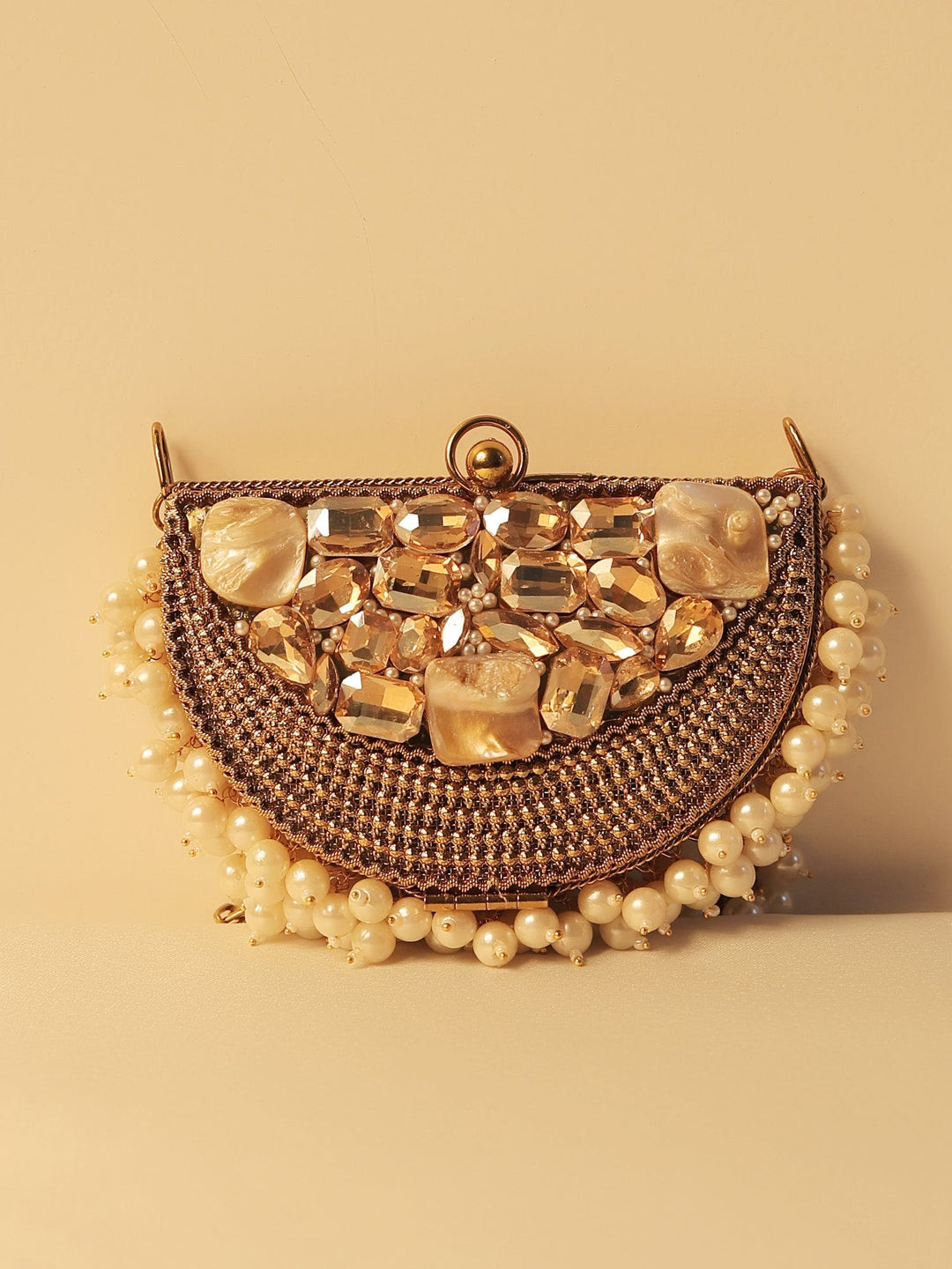 Abeela Golden Mini Metal Clutch - Pearl &amp; Stone Embellished
