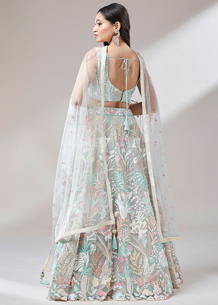 Blueish Green Net Lehenga Choli Adorned with Sequins work