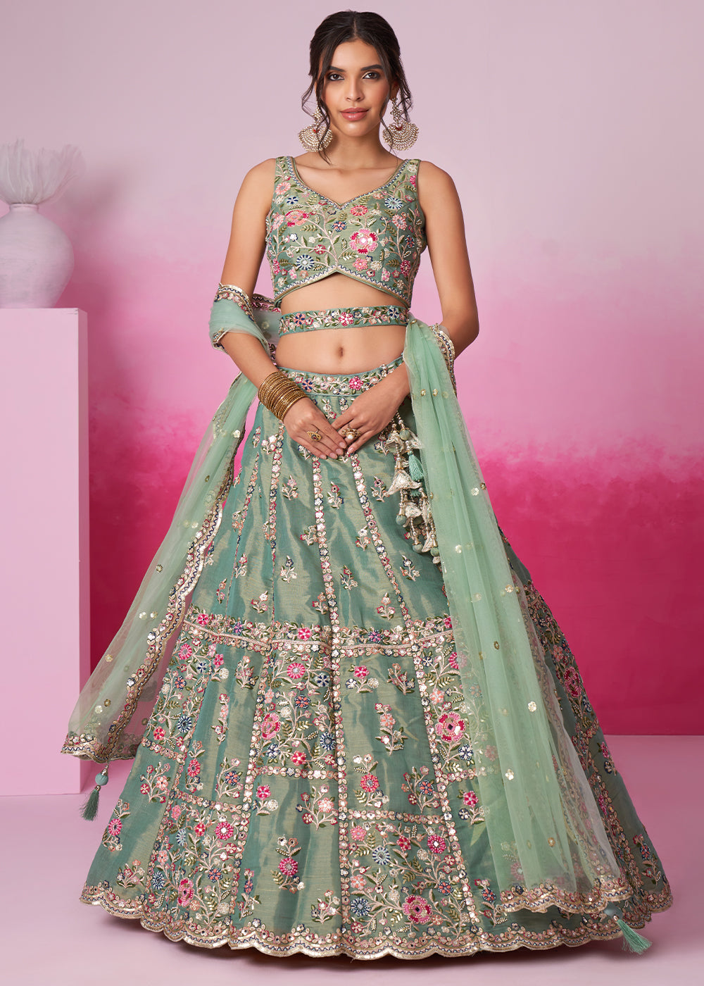 Pistachio Green Net Lehenga Choli Adorned with Moti & Sequins Embroidery Work