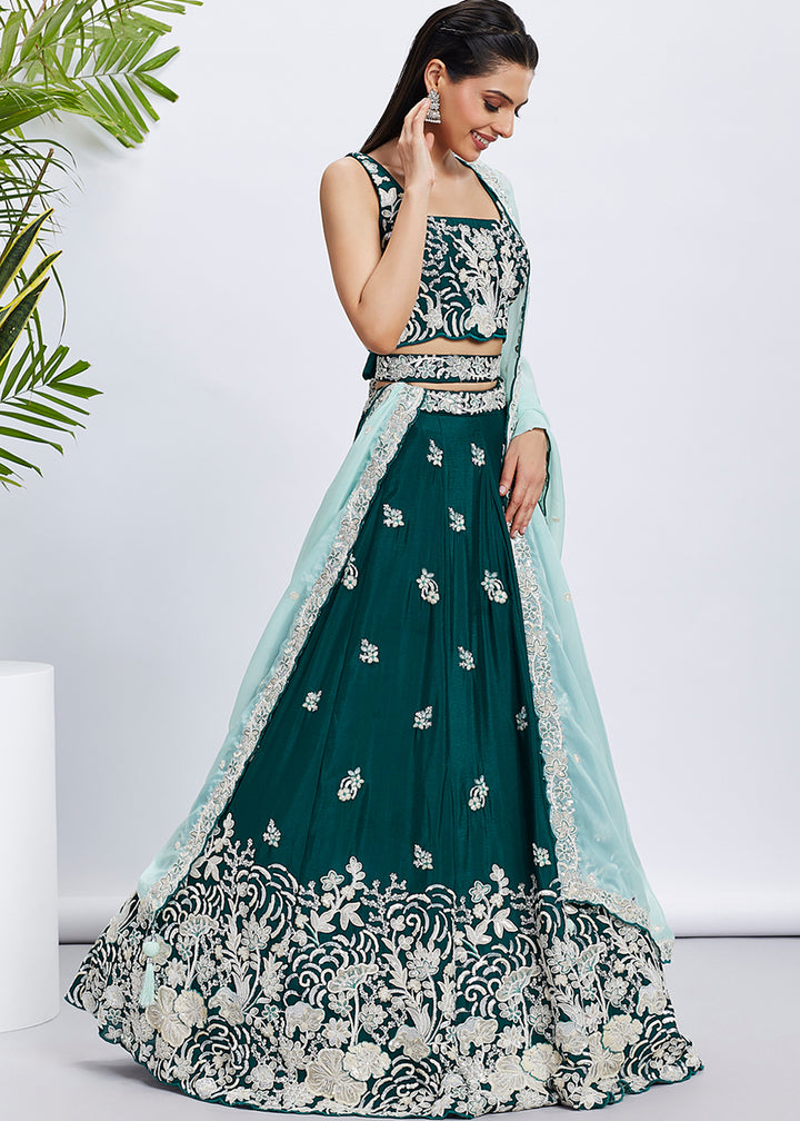 Peacock Blue Green Georgette Lehenga Choli Adorned with Sequins & Thread Embroidery