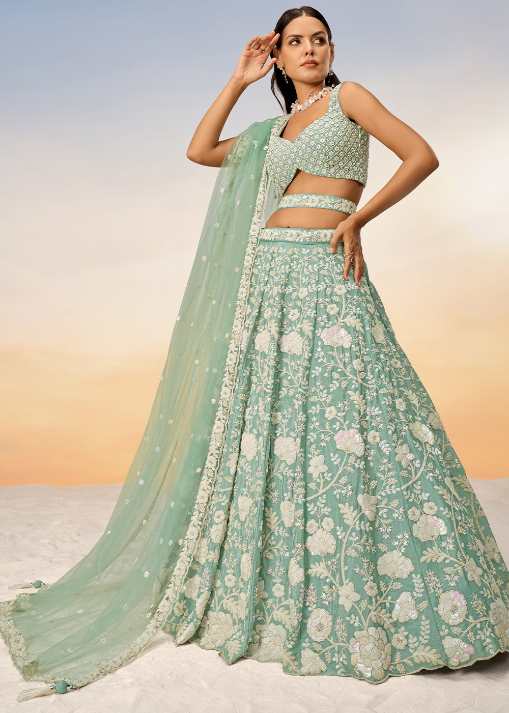 Pastel Green Georgette Lehenga Choli Highlighted with Sequins & Zarkan Embroidery