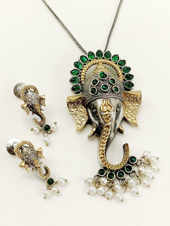 Arika Green Ganesh Ji Oxidized Pendant Set