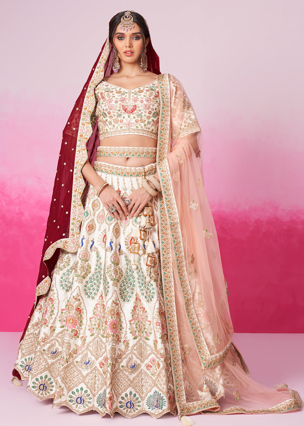 Cream White Silk Lehenga Choli Adorned with Moti & Sequins Embroidery Work: Bridal Collection