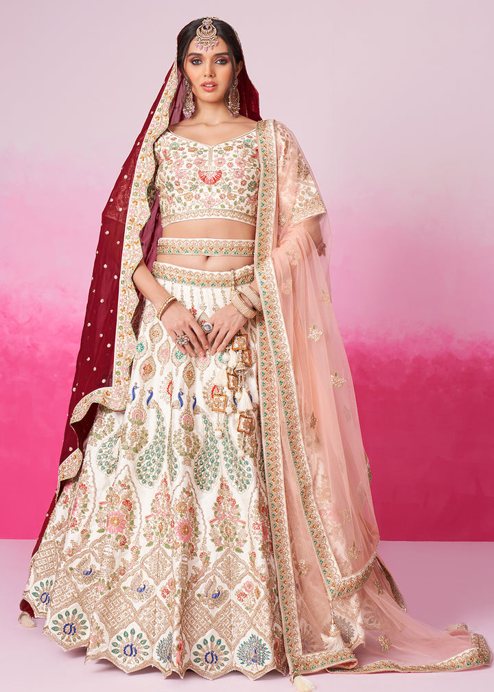 Cream White Silk Lehenga Choli Adorned with Moti & Sequins Embroidery Work: Bridal Collection