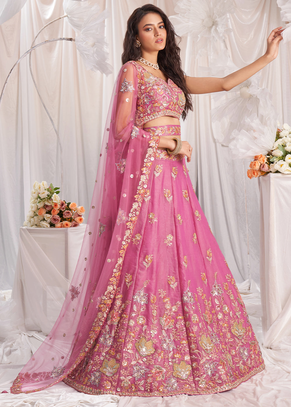 Deep Pink Organza Lehenga Choli Adorned with Sequins Embroidery Work