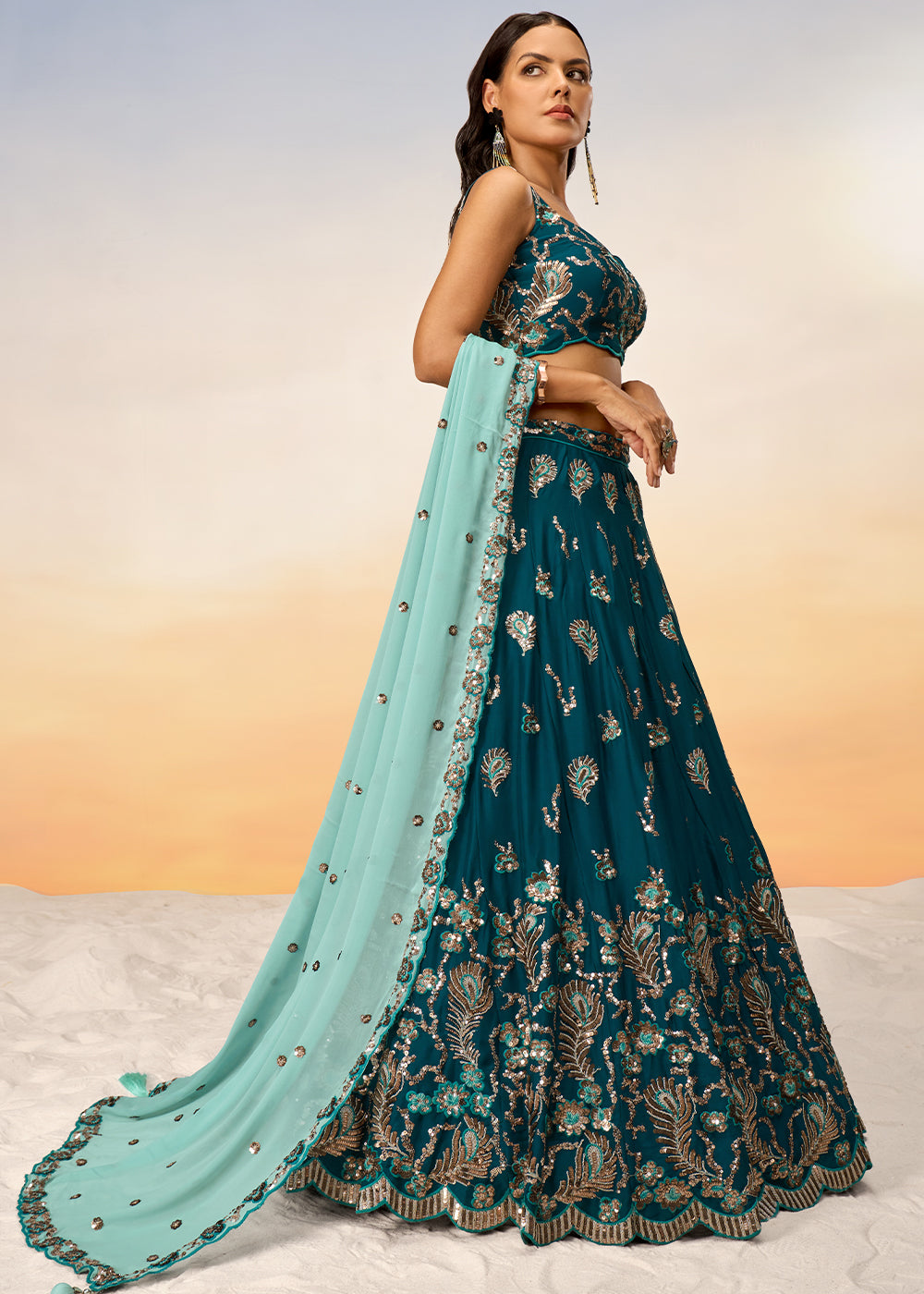 Teal Blue Georgette Lehenga Choli Adorned with Sequins Embroidery