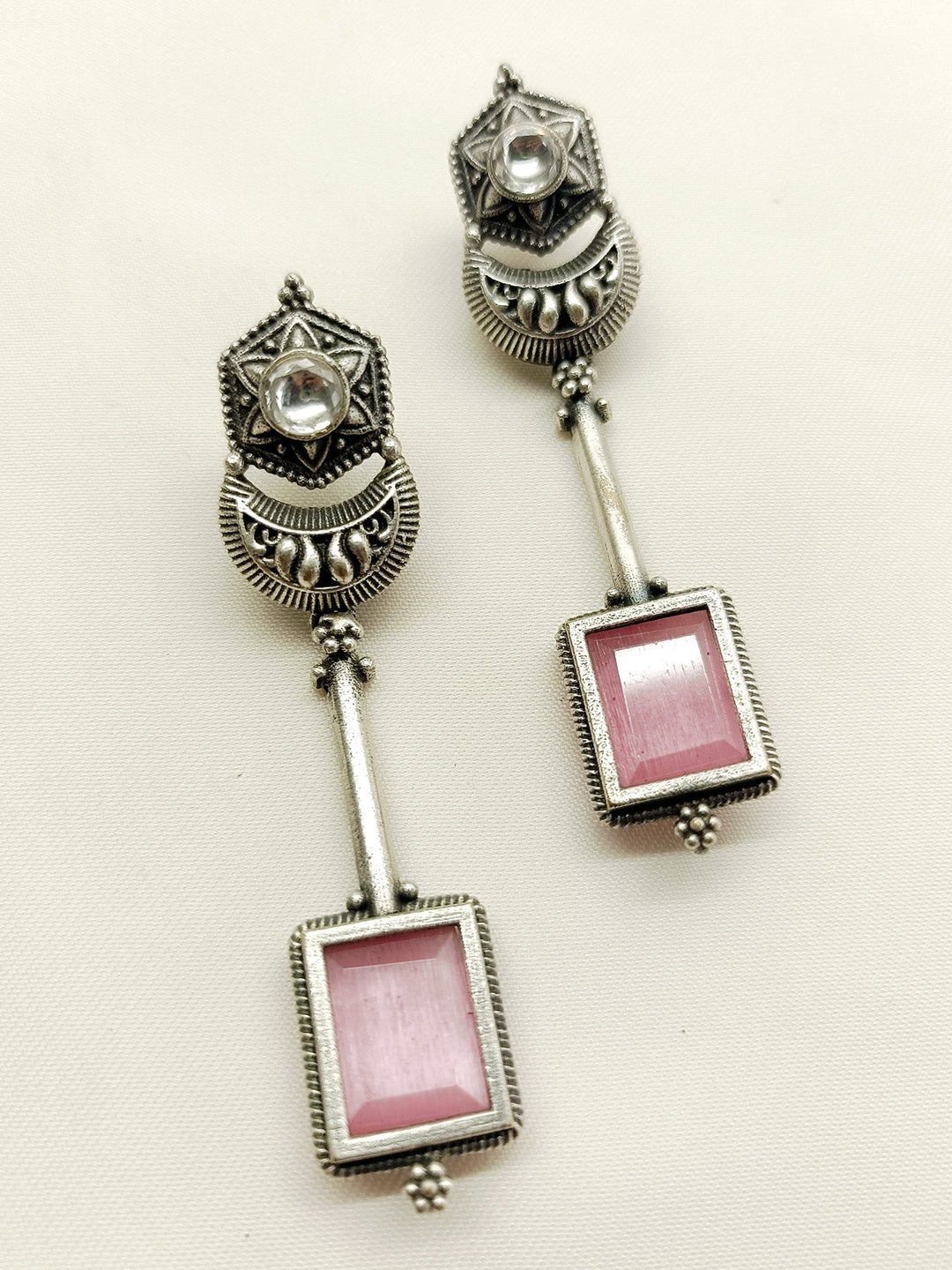 Jharokha Pink German Silver Oxidized Earrings