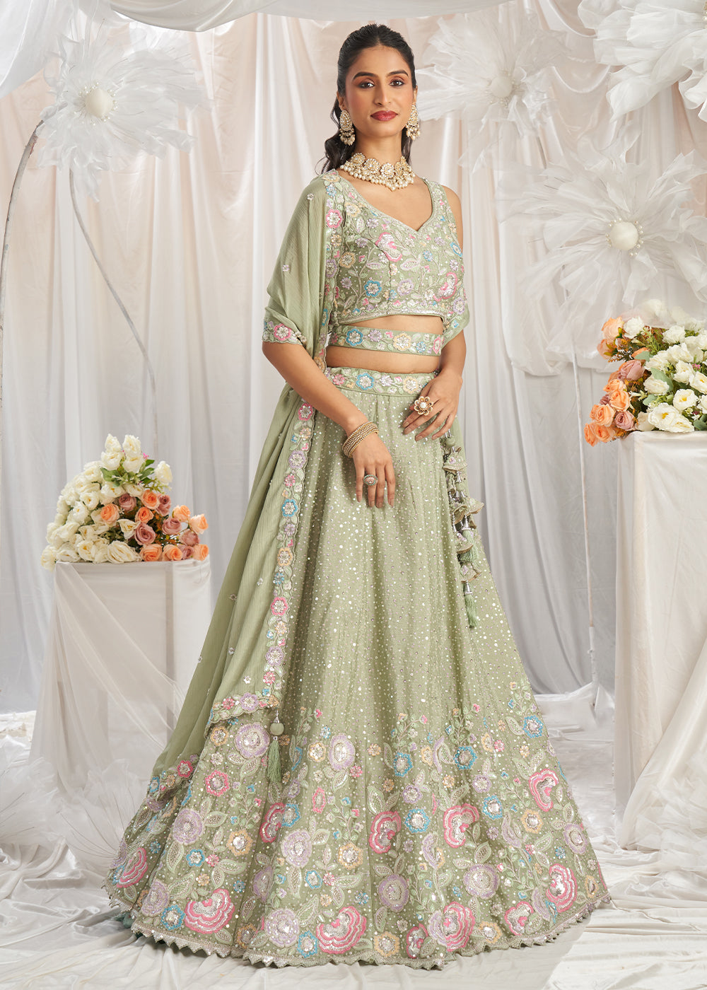 Lime Green Chiffon Lehenga Choli Adorned with Sequins & Thread Embroidery