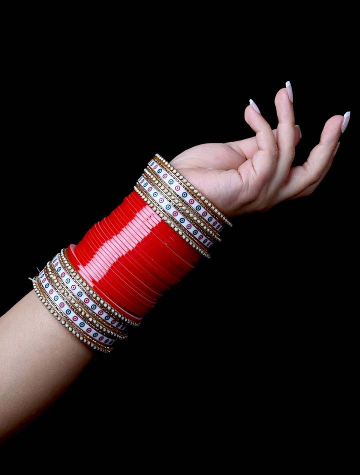 Lavanya Traditional Red Chura With Pearl Bangles And White Meenakari Bangle