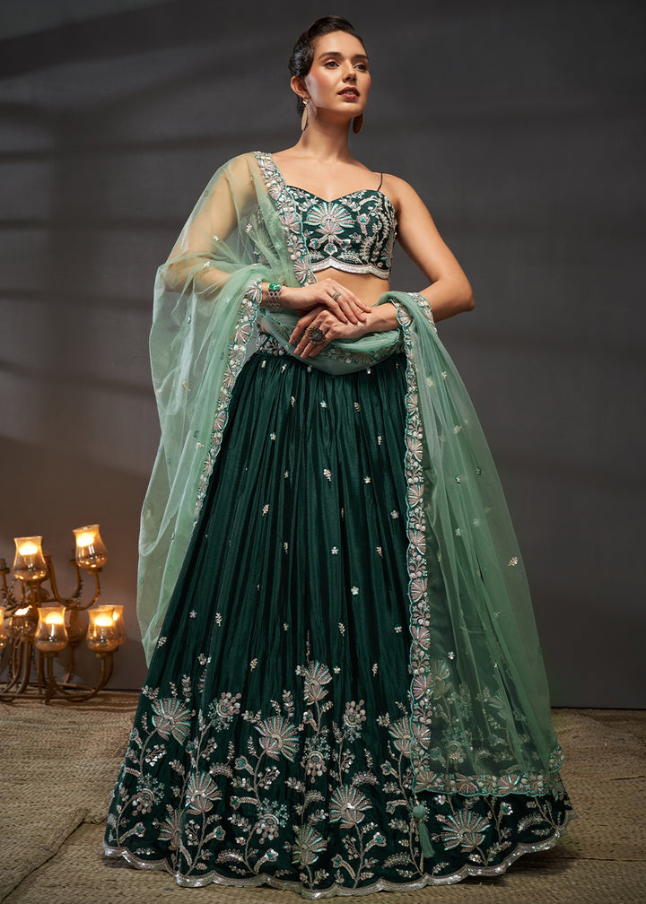 Sacramento Green Chiffon Lehenga Choli Adorned with Sequins Embroidery