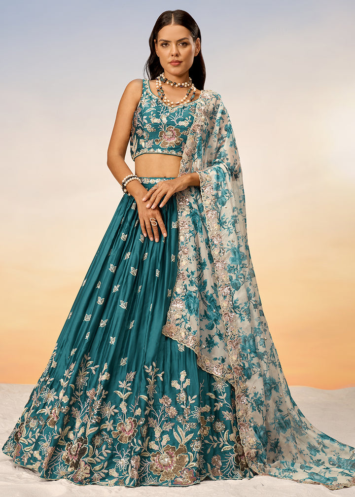 Teal Blue Chiffon Lehenga Choli Adorned with Sequins Embroidery Work