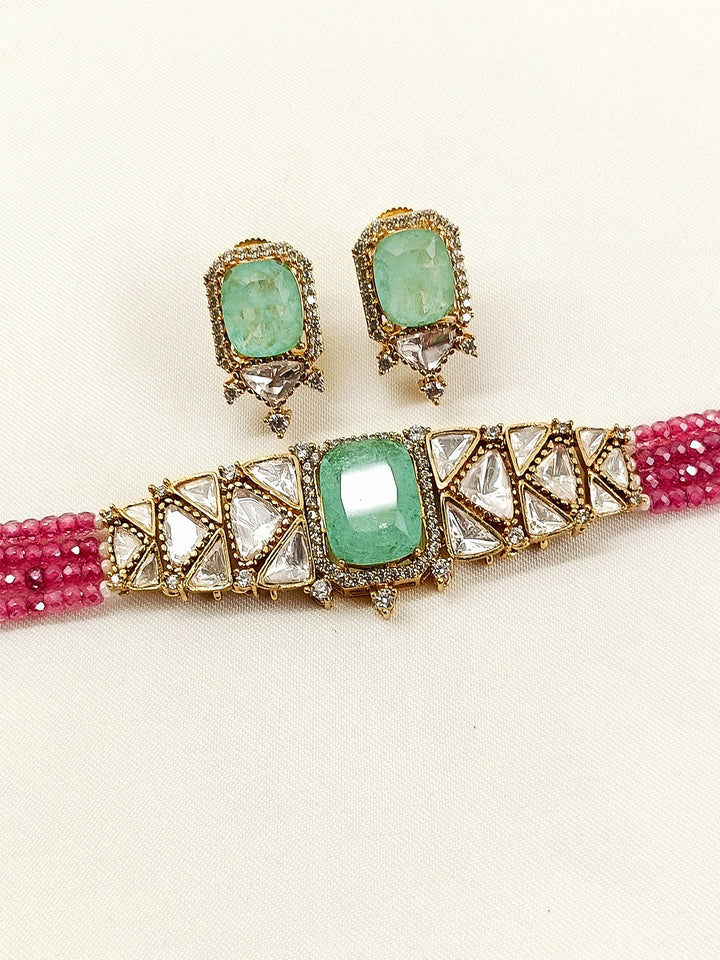 Naincy Mint Green &amp; Pink Beaded Kundan Choker Set