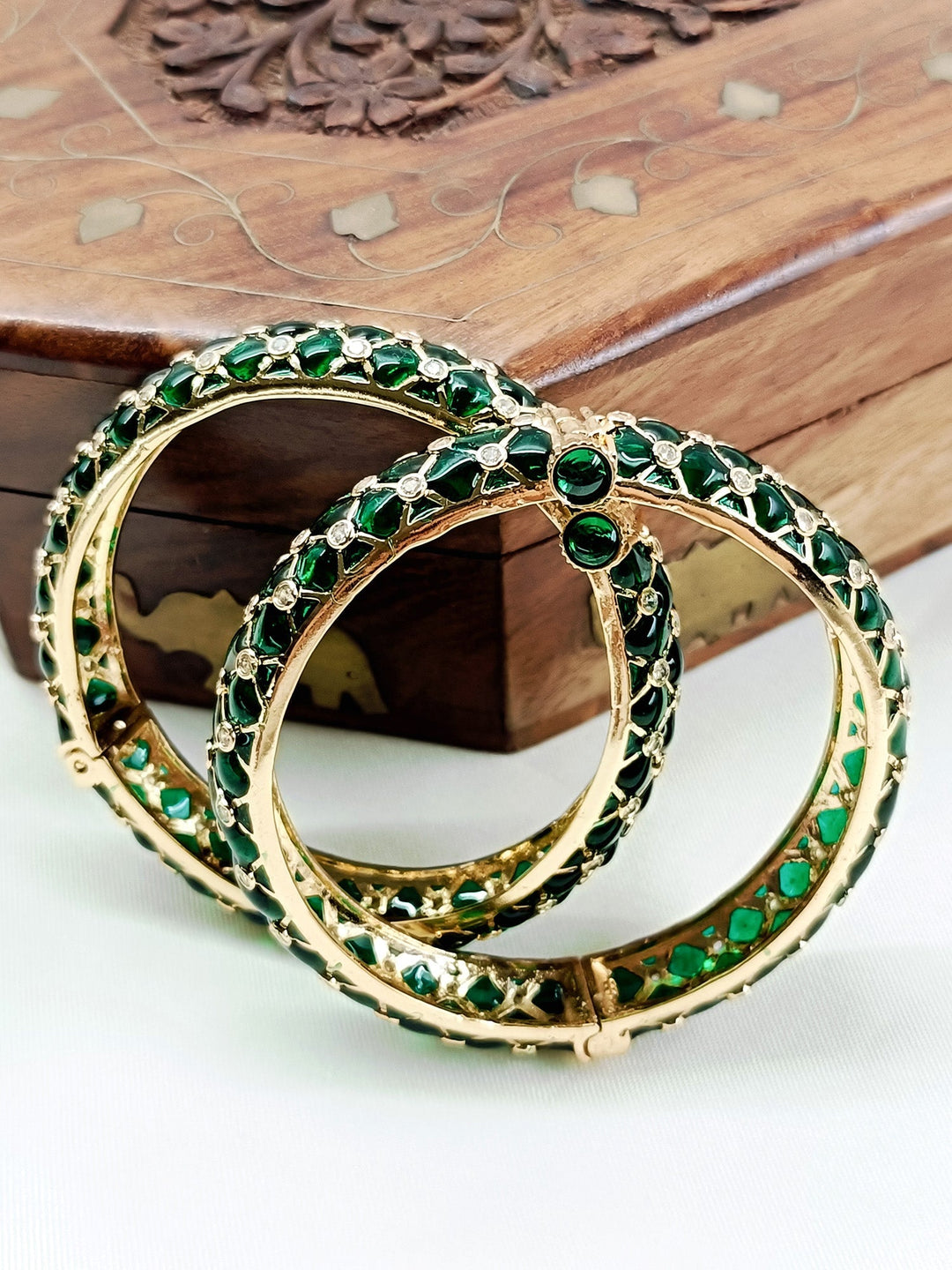 Sariah Green Kundan Bangles - Antique Gold Plating Size 2.4