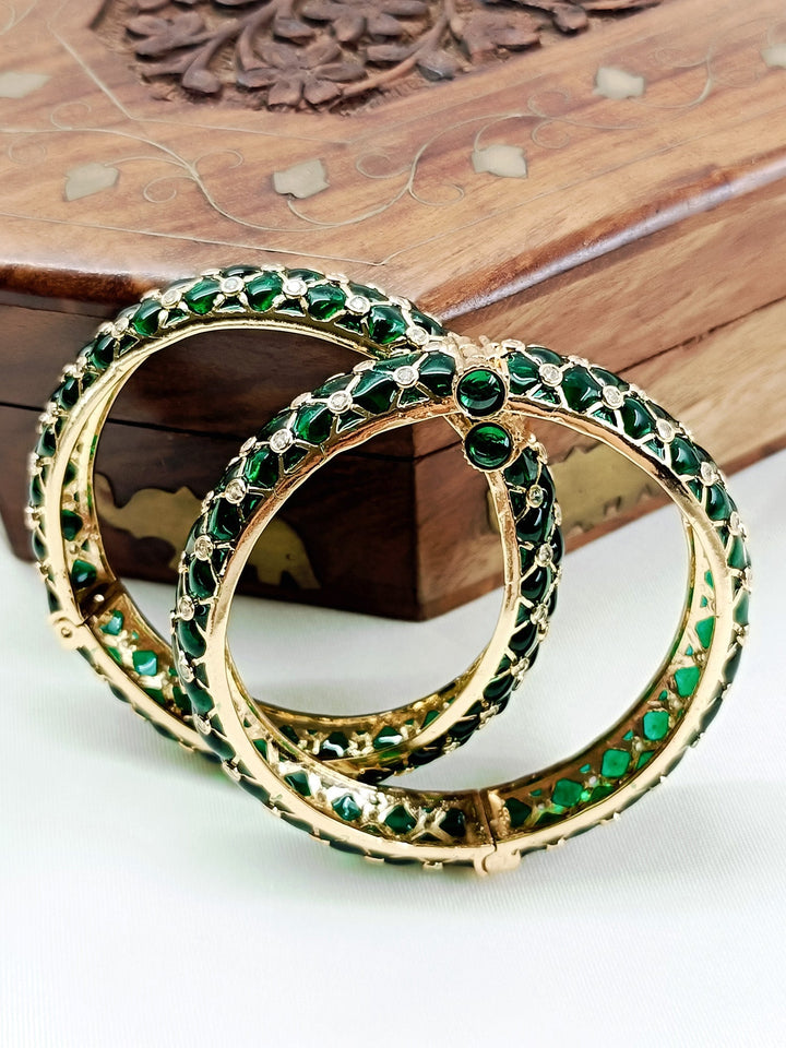 Sariah Green Kundan Bangles - Antique Gold Plating Size 2.4