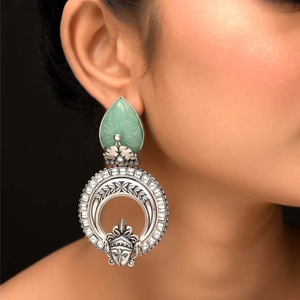 Mayura Mint Green Stone Temple Silver Plated Boutique Earrings