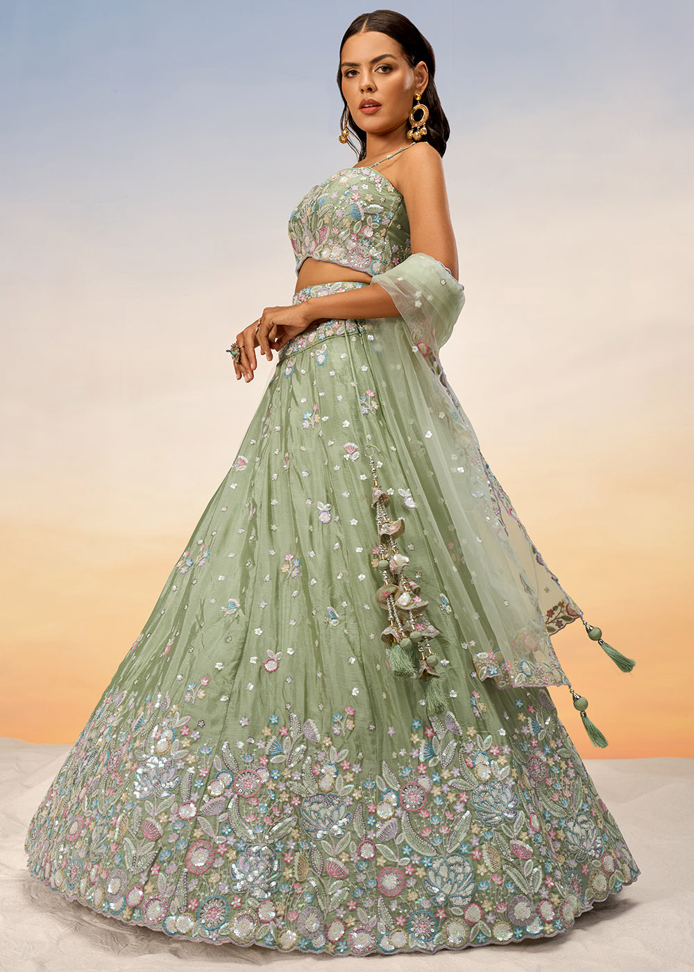 Lime Green Chiffon Lehenga Choli Adorned with Sequins & Thread Embroidery