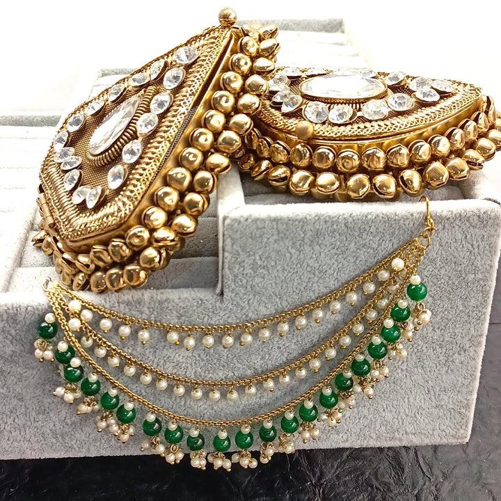 Manpreet Green Emerald Gold Plated Ear Chain