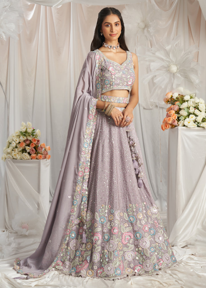 Periwinkle Purple Chiffon Lehenga Choli Adorned with Sequins & Thread Embroidery