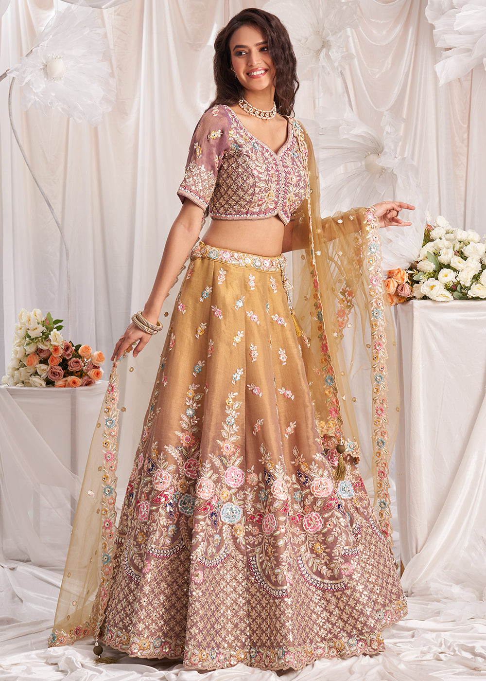 Light Brown & Pink Net Lehenga Choli Adorned with Pearl & Gotapatti Embroidery work: The Bride's Edit