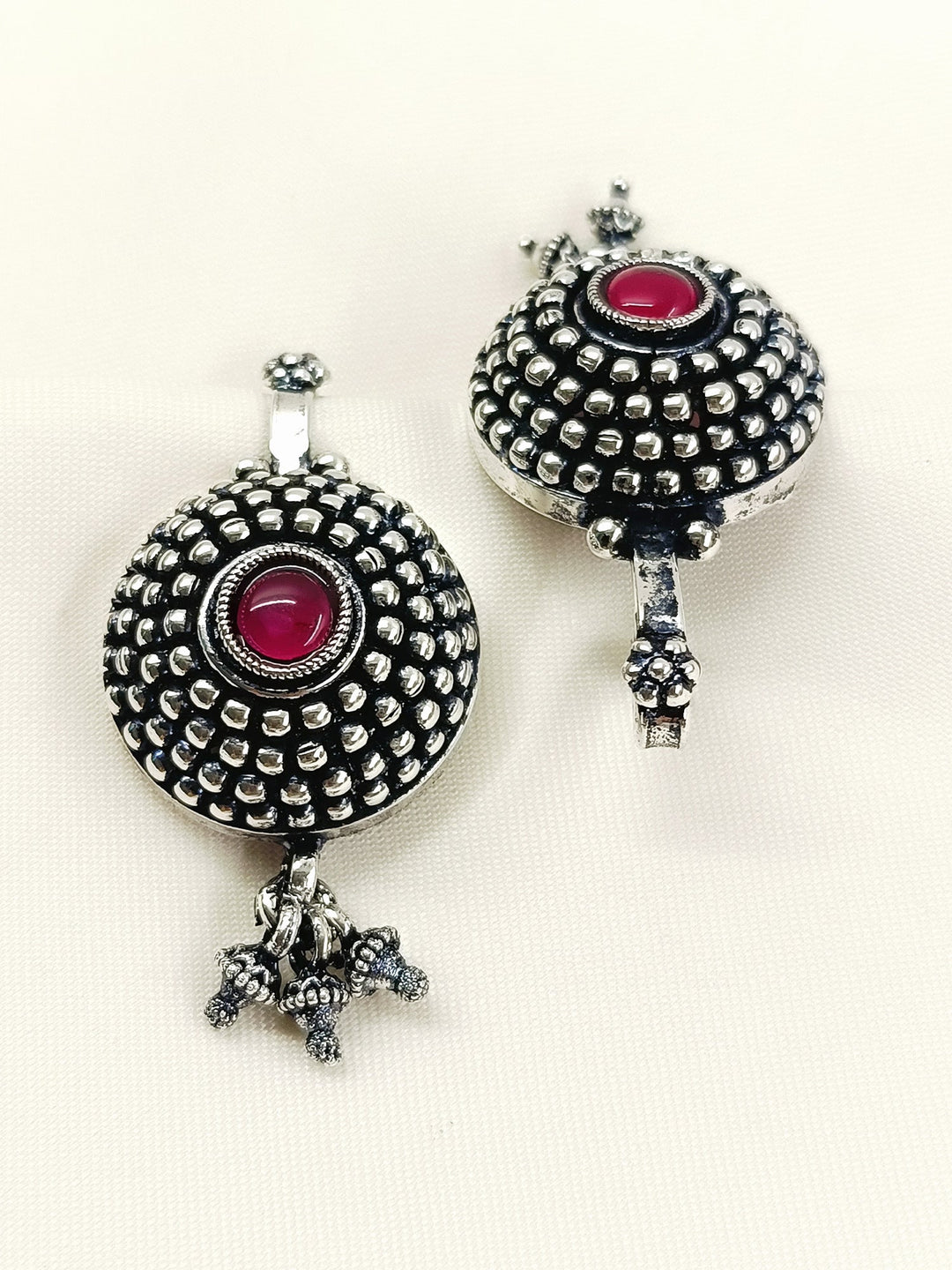 Nomad Oxidized Tribal Sunburst Ear Cuff with Ruby Pink Stone & Ghungroo