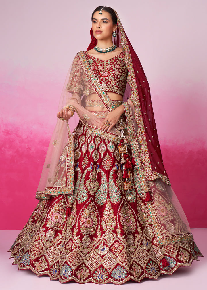 Maroon Red Silk Lehenga Choli Adorned with Moti & Sequins Embroidery Work: Bridal Collection