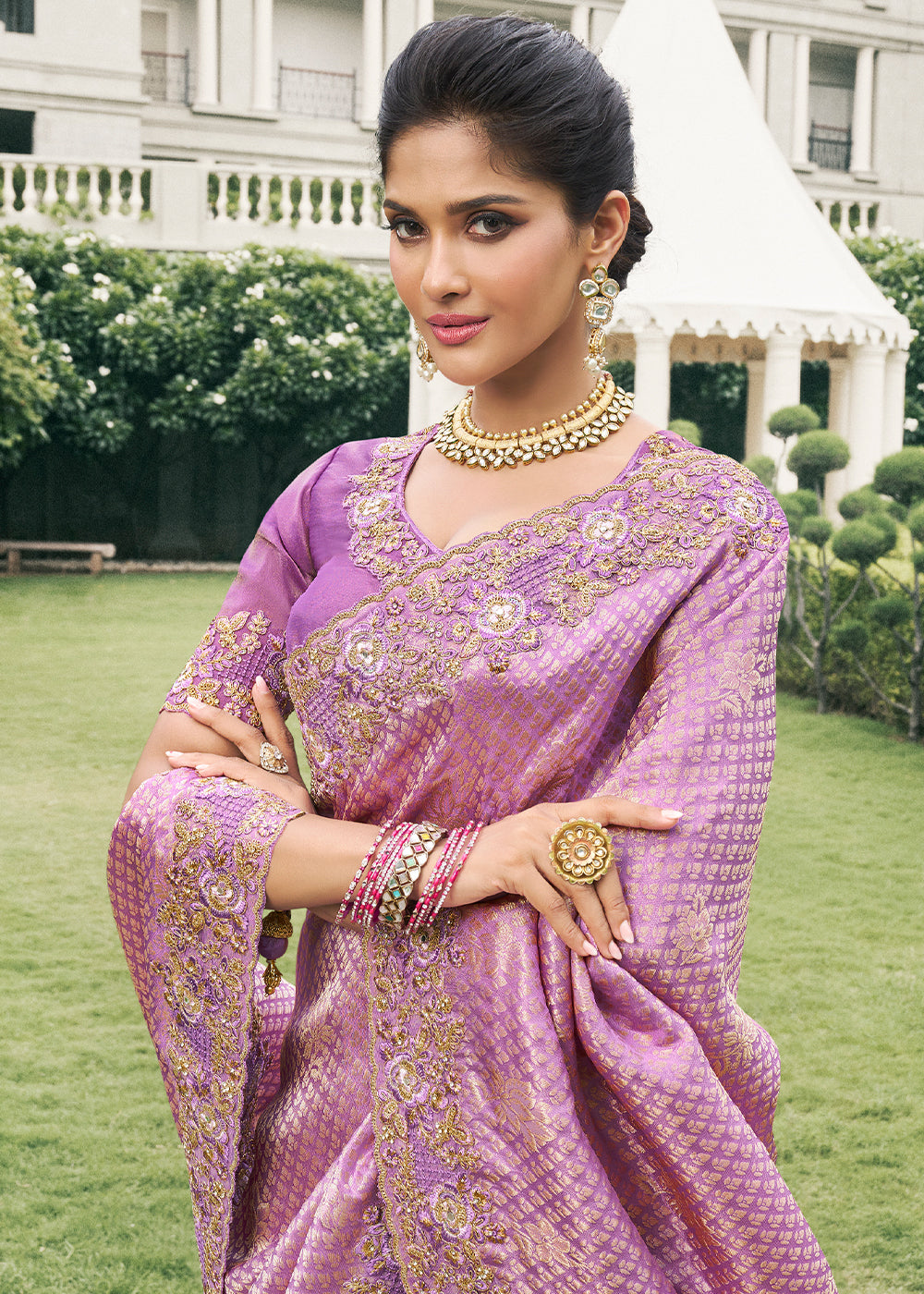 Amethyst Purple Tissue Silk Saree with Zari Weave, Embroidery, Stone & Pearl Detailing