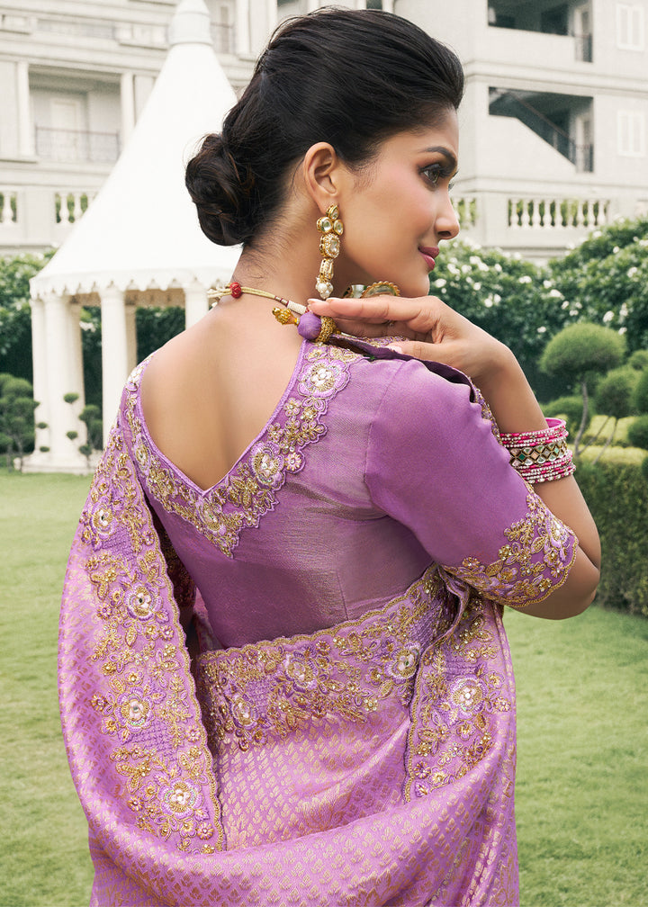 Amethyst Purple Tissue Silk Saree with Zari Weave, Embroidery, Stone & Pearl Detailing