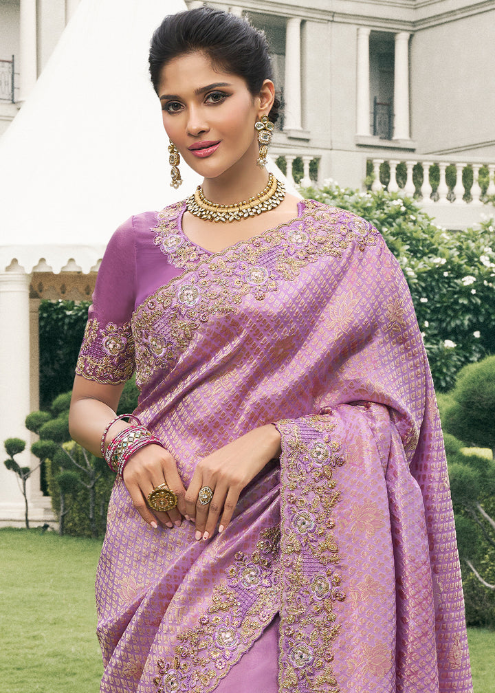 Amethyst Purple Tissue Silk Saree with Zari Weave, Embroidery, Stone & Pearl Detailing