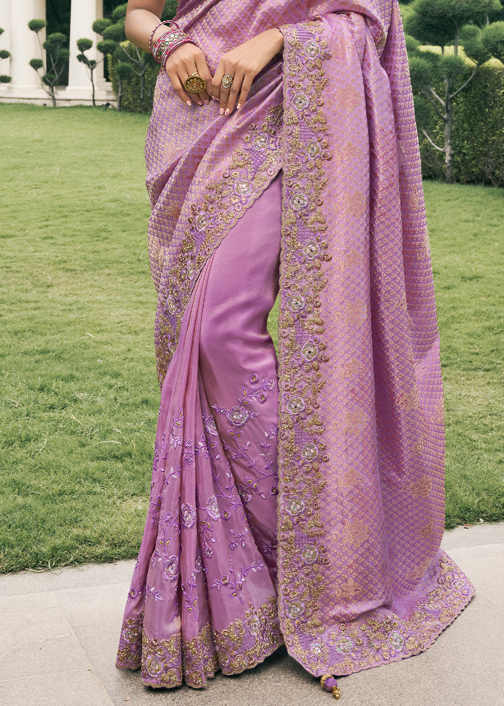 Amethyst Purple Tissue Silk Saree with Zari Weave, Embroidery, Stone & Pearl Detailing