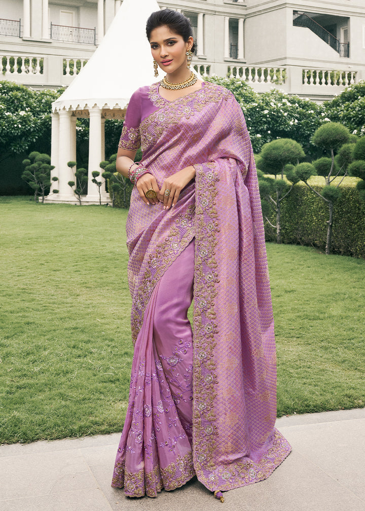 Amethyst Purple Tissue Silk Saree with Zari Weave, Embroidery, Stone & Pearl Detailing