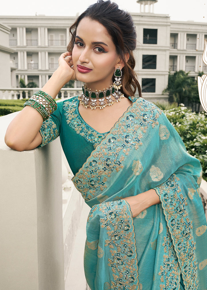 Beautiful Blue Tissue Silk Saree with Zari Weave, Embroidery, Stone & Pearl Detailing