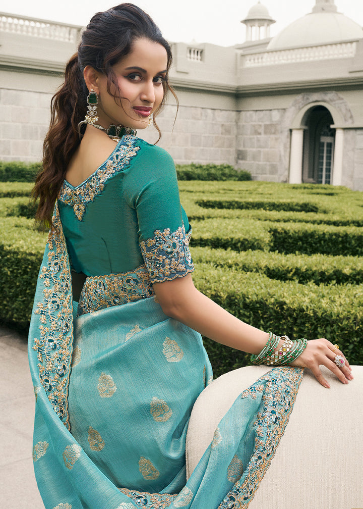 Beautiful Blue Tissue Silk Saree with Zari Weave, Embroidery, Stone & Pearl Detailing