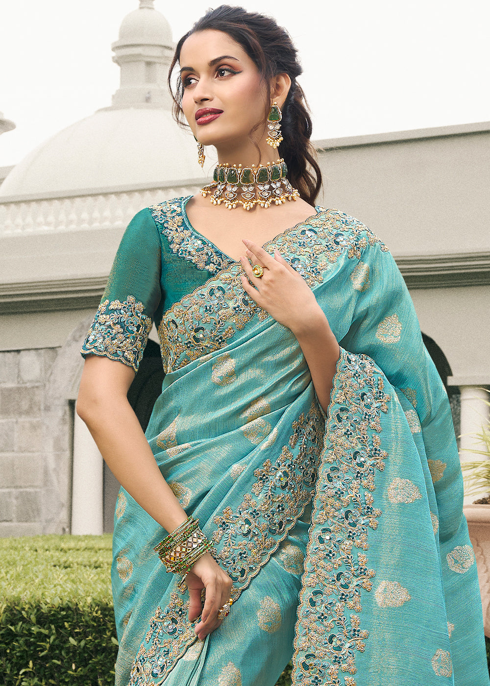 Beautiful Blue Tissue Silk Saree with Zari Weave, Embroidery, Stone & Pearl Detailing