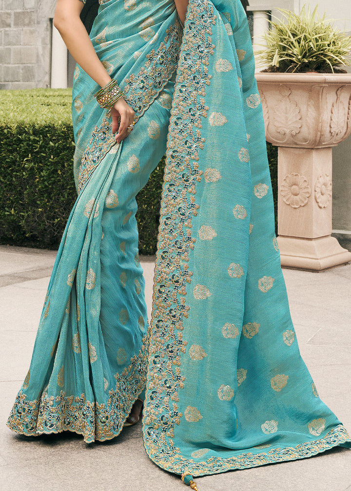 Beautiful Blue Tissue Silk Saree with Zari Weave, Embroidery, Stone & Pearl Detailing