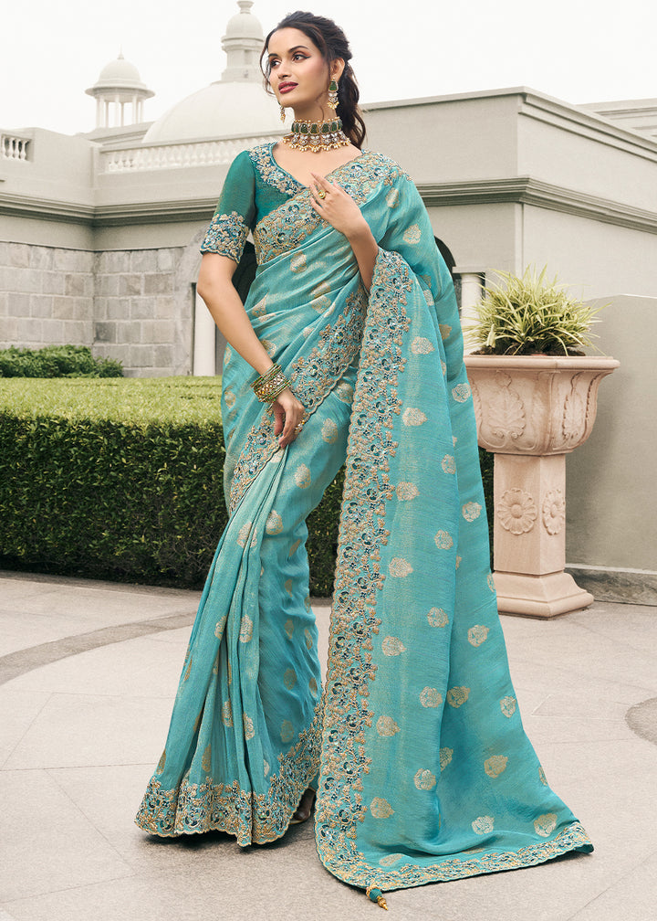 Beautiful Blue Tissue Silk Saree with Zari Weave, Embroidery, Stone & Pearl Detailing