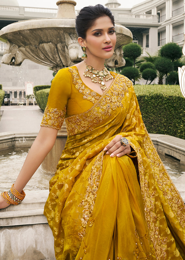 Mustard Yellow Tissue Silk Saree with Zari Weave, Embroidery, Stone & Pearl Detailing